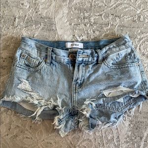 distressed light wash jean shorts